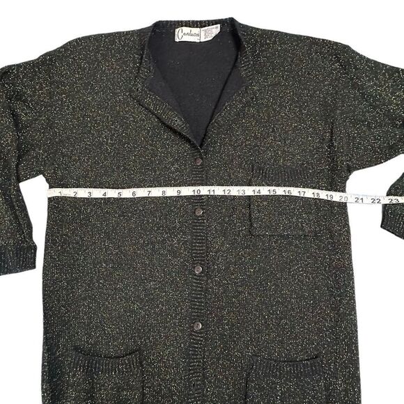 Vintage 80s Carducci Black Lambswool cardigan with gold and green sparkle Medium - Picture 7 of 8